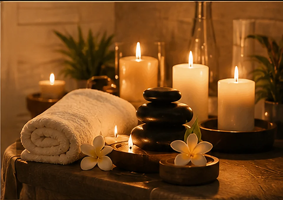 חדר ספא ב-BODY MASSAGE בראשון לציון עם נרות, מגבות ואבני עיסוי
